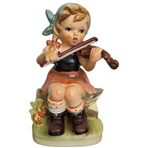 A little girl sitting playing violin ceramic vintage figure preowned well cared